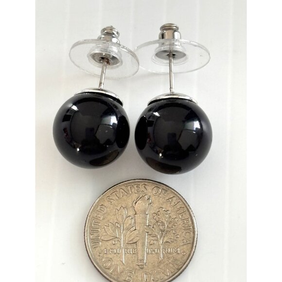 Black Round Ball Stud Earrings With Silver Accents - Picture 3 of 4